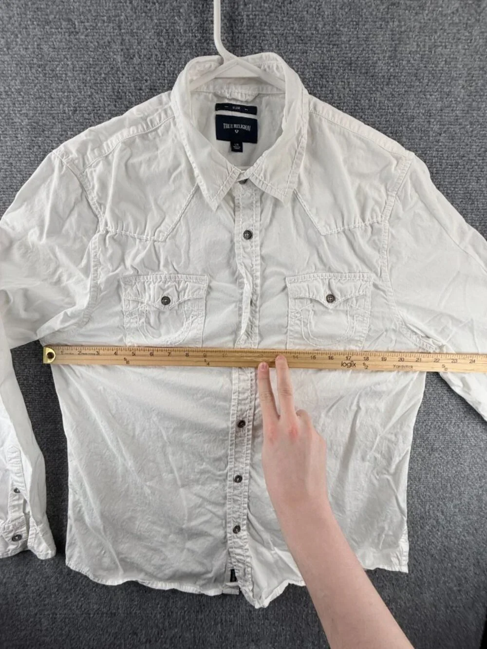 True Religion White Button Up Shirt Men Long Sleeve Large Slim Fit Pockets Urban